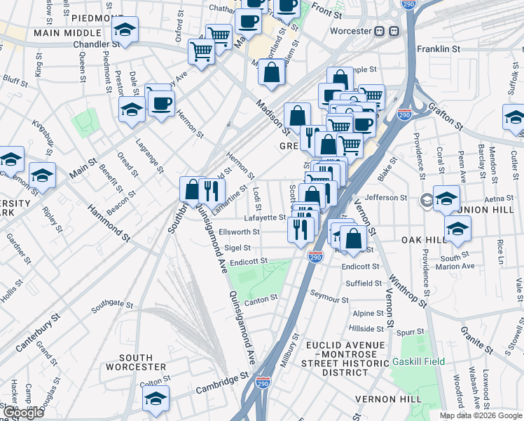 map of restaurants, bars, coffee shops, grocery stores, and more near 31 Grosvenor Street in Worcester