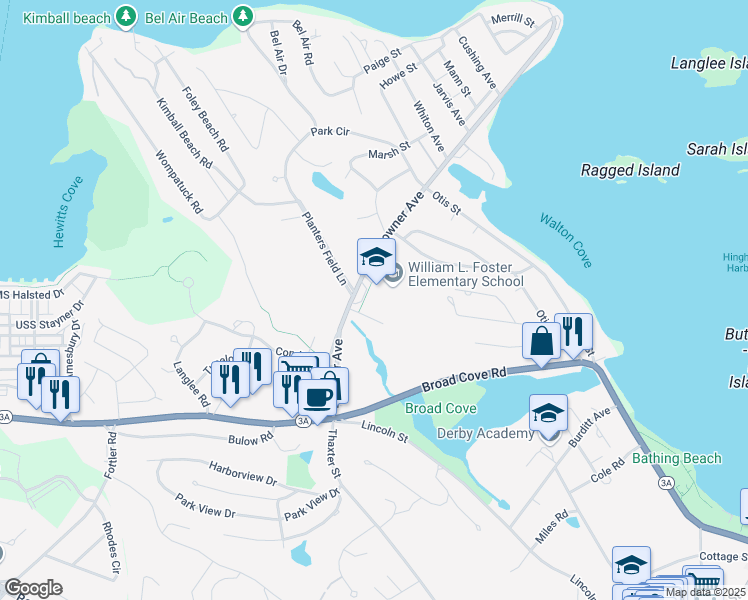 map of restaurants, bars, coffee shops, grocery stores, and more near 55 Downer Avenue in Hingham