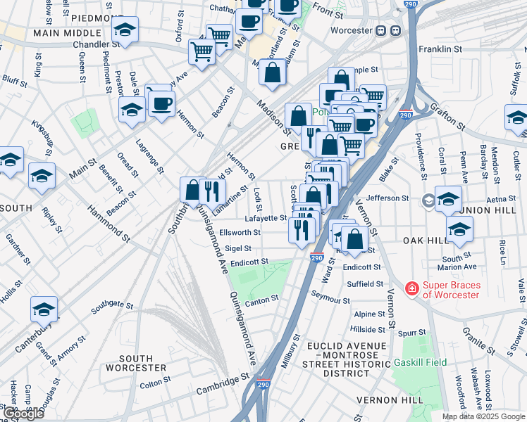 map of restaurants, bars, coffee shops, grocery stores, and more near 31 Grosvenor Street in Worcester
