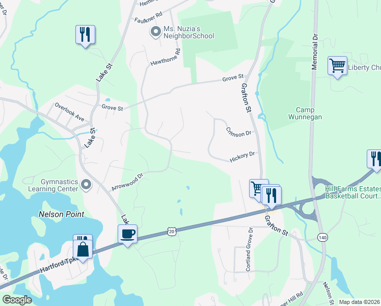 map of restaurants, bars, coffee shops, grocery stores, and more near 15 Bittersweet Circle in Shrewsbury