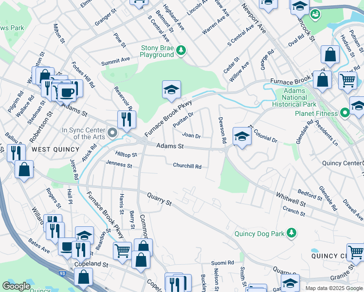 map of restaurants, bars, coffee shops, grocery stores, and more near Adams Street in Quincy
