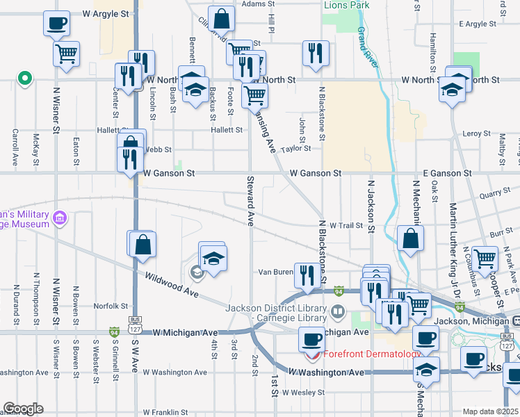 map of restaurants, bars, coffee shops, grocery stores, and more near 422 West Trail Street in Jackson