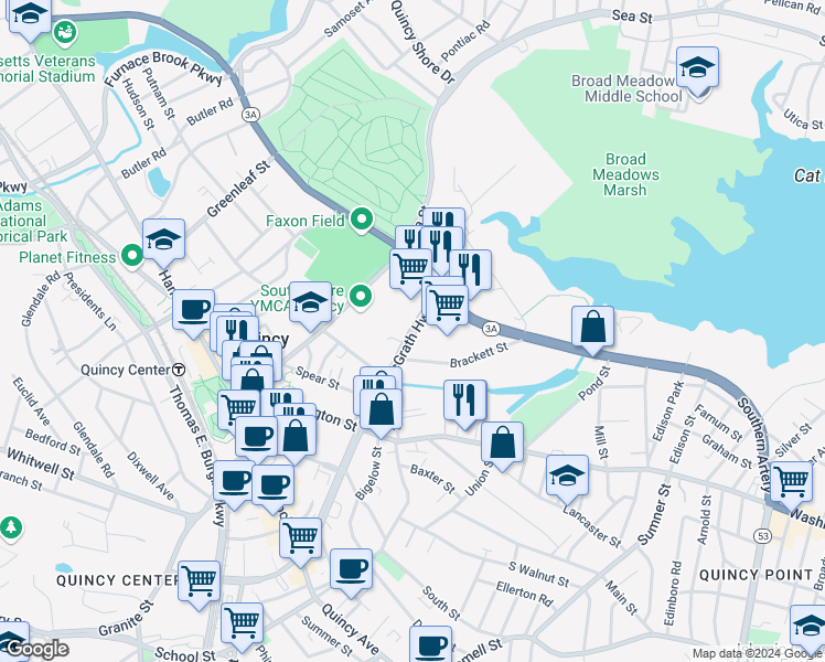 map of restaurants, bars, coffee shops, grocery stores, and more near 134 Mayor Thomas J McGrath Highway in Quincy