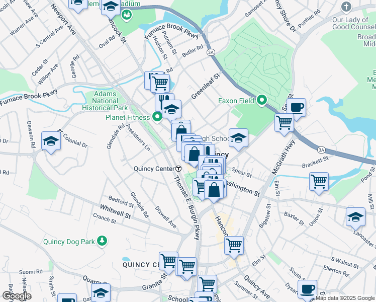 map of restaurants, bars, coffee shops, grocery stores, and more near 18 Russell Park in Quincy