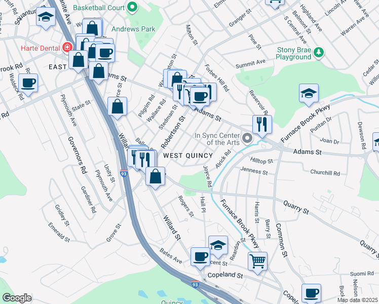 map of restaurants, bars, coffee shops, grocery stores, and more near in Quincy