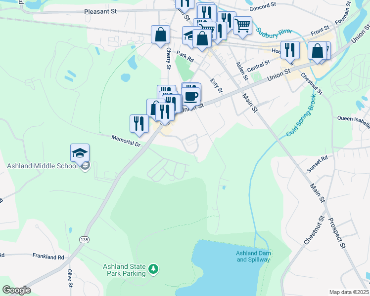 map of restaurants, bars, coffee shops, grocery stores, and more near 52 Presidents Row in Ashland
