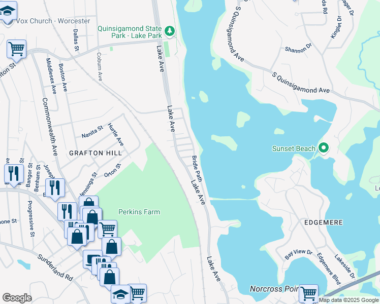 map of restaurants, bars, coffee shops, grocery stores, and more near 344 Bridle Path in Worcester