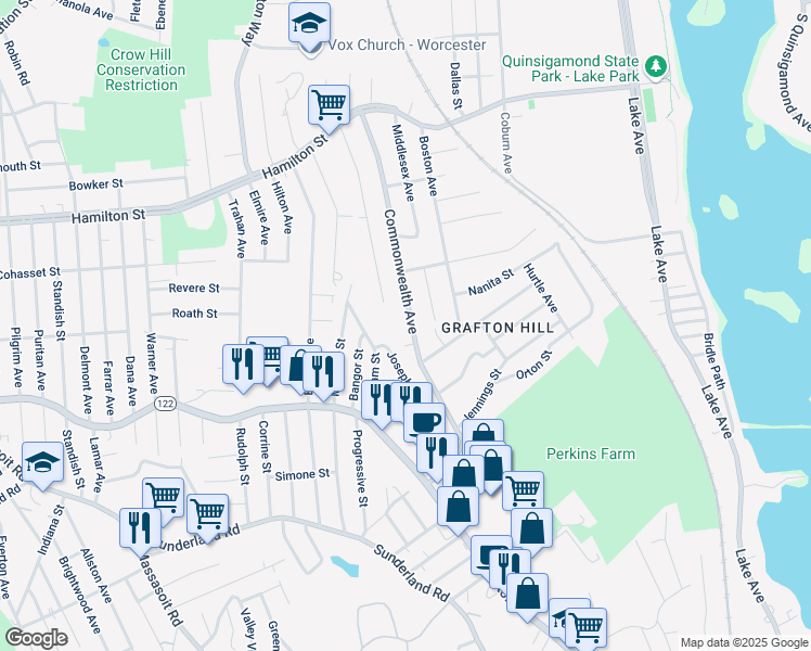 map of restaurants, bars, coffee shops, grocery stores, and more near 104 Commonwealth Avenue in Worcester