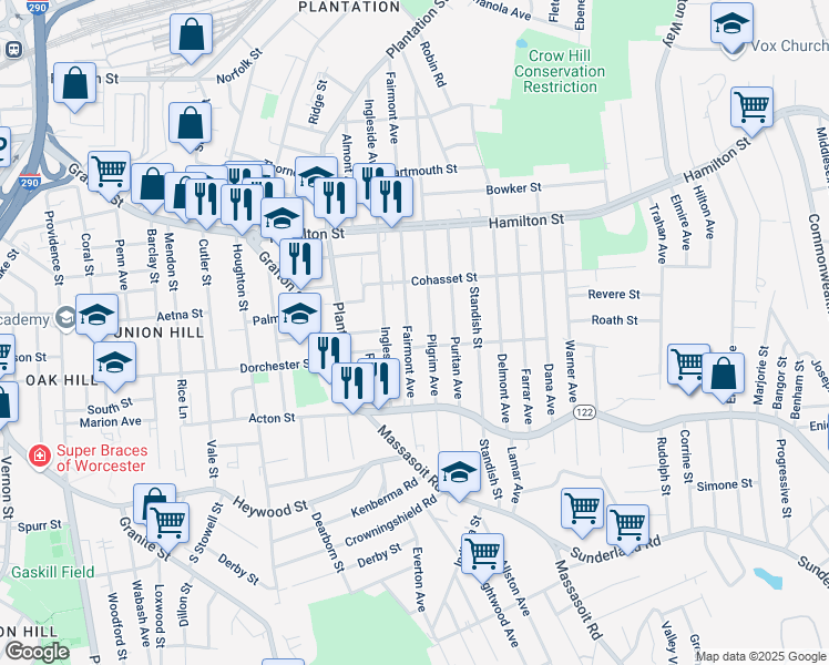 map of restaurants, bars, coffee shops, grocery stores, and more near 184 Fairmont Avenue in Worcester
