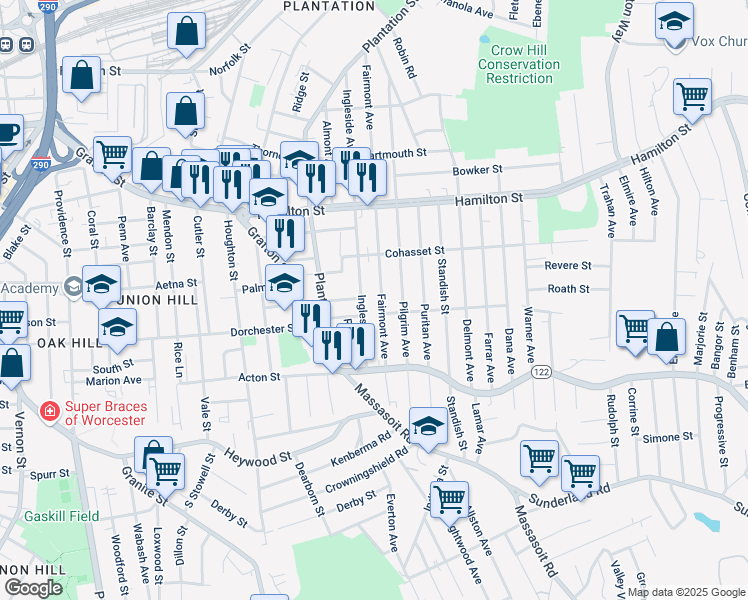 map of restaurants, bars, coffee shops, grocery stores, and more near 184 Fairmont Avenue in Worcester