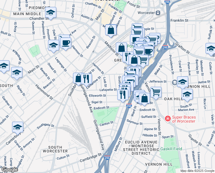 map of restaurants, bars, coffee shops, grocery stores, and more near 31 Grosvenor Street in Worcester