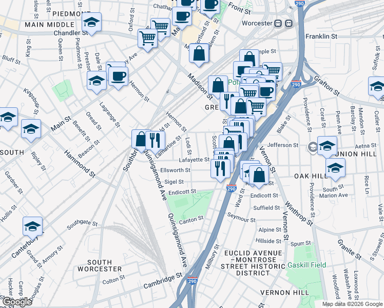 map of restaurants, bars, coffee shops, grocery stores, and more near 31 Grosvenor Street in Worcester