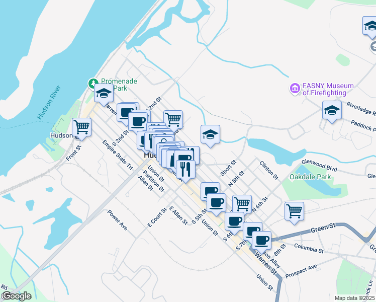 map of restaurants, bars, coffee shops, grocery stores, and more near 338 State Street in Hudson