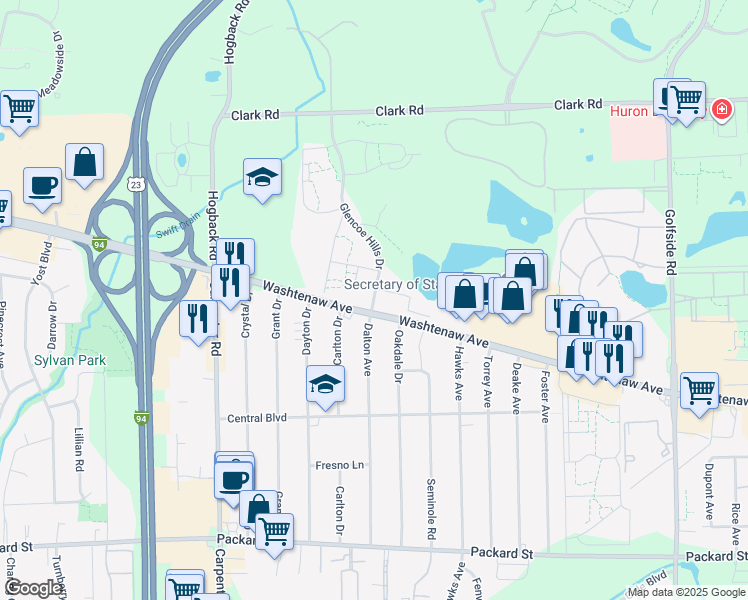 map of restaurants, bars, coffee shops, grocery stores, and more near 2260 Glencoe Hills Drive in Ann Arbor