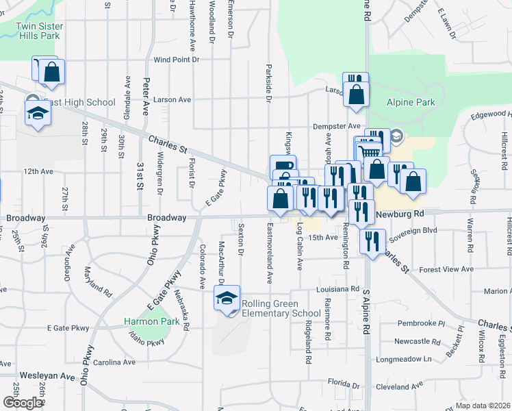 map of restaurants, bars, coffee shops, grocery stores, and more near 1215 Parkside Drive in Rockford