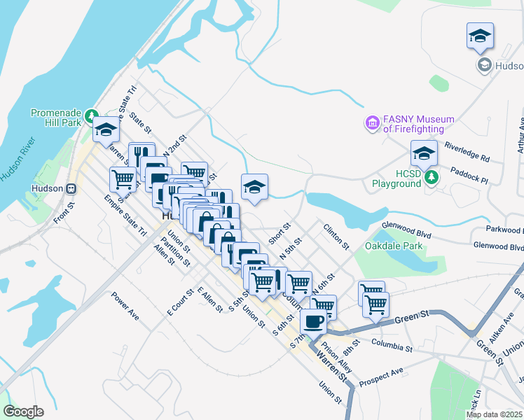 map of restaurants, bars, coffee shops, grocery stores, and more near 360 State Street in Hudson