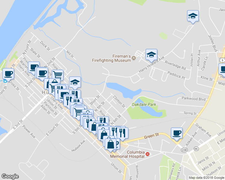 map of restaurants, bars, coffee shops, grocery stores, and more near 494 Clinton St in Hudson