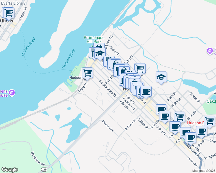 map of restaurants, bars, coffee shops, grocery stores, and more near 209-211 Union Street in Hudson