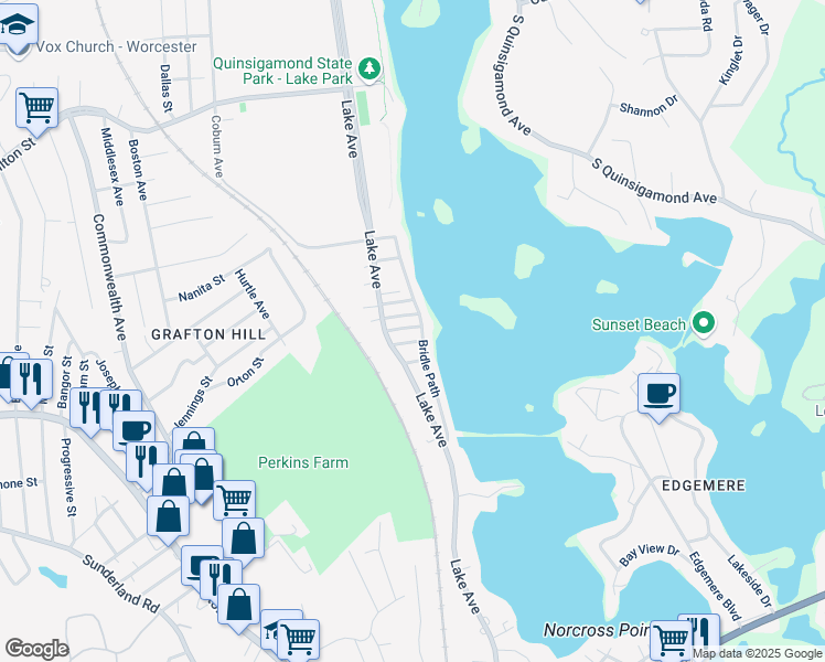 map of restaurants, bars, coffee shops, grocery stores, and more near 344 Bridle Path in Worcester