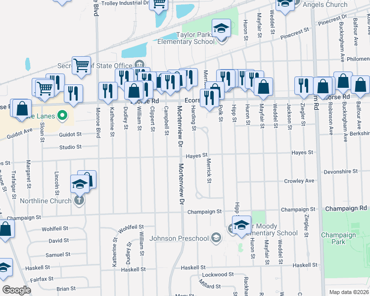 map of restaurants, bars, coffee shops, grocery stores, and more near 7601 Mortenview Drive in Taylor