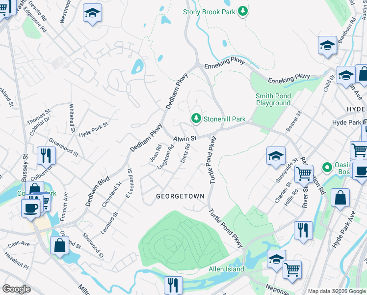 map of restaurants, bars, coffee shops, grocery stores, and more near 26 Alwin Street in Boston
