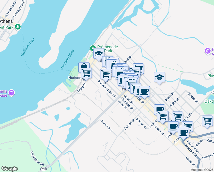 map of restaurants, bars, coffee shops, grocery stores, and more near 209-211 Union Street in Hudson