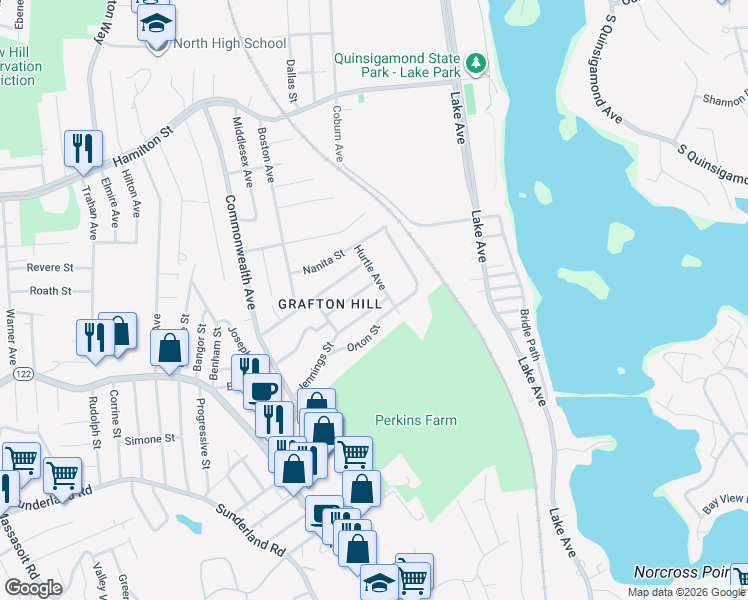 map of restaurants, bars, coffee shops, grocery stores, and more near 29 Hurtle Avenue in Worcester