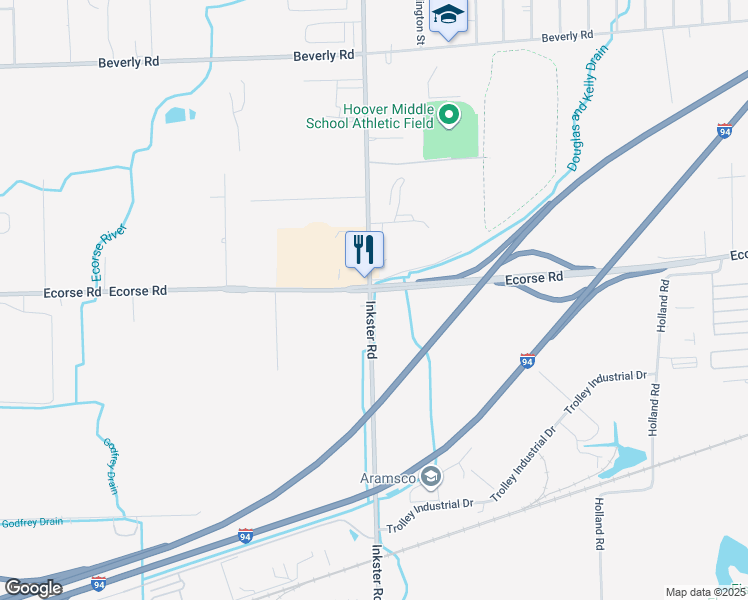 map of restaurants, bars, coffee shops, grocery stores, and more near 27416 Ecorse Road in Romulus