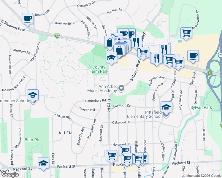 map of restaurants, bars, coffee shops, grocery stores, and more near 2275-2399 Platt Rd in Ann Arbor Charter Township