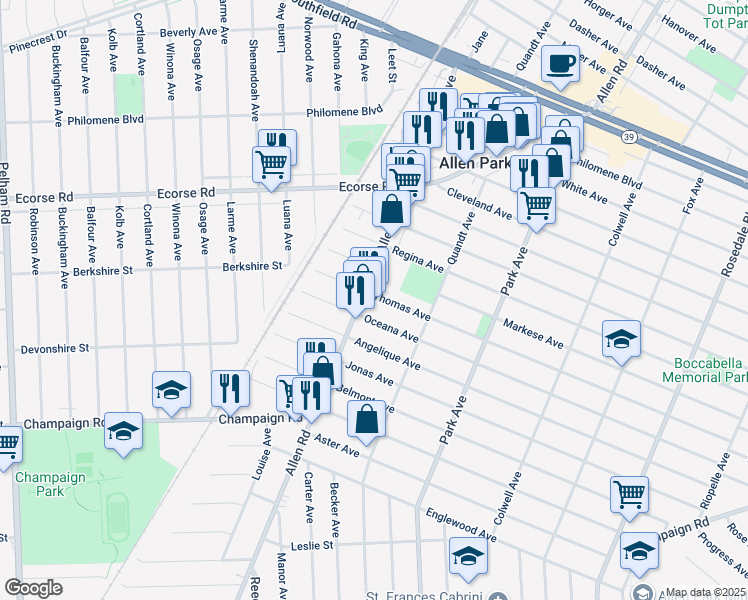 map of restaurants, bars, coffee shops, grocery stores, and more near 7607 Allen Road in Allen Park