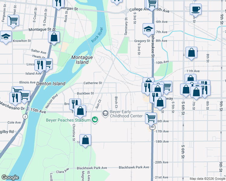map of restaurants, bars, coffee shops, grocery stores, and more near 327 Catherine Street in Rockford