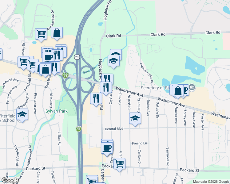 map of restaurants, bars, coffee shops, grocery stores, and more near 4088 Washtenaw Avenue in Ann Arbor