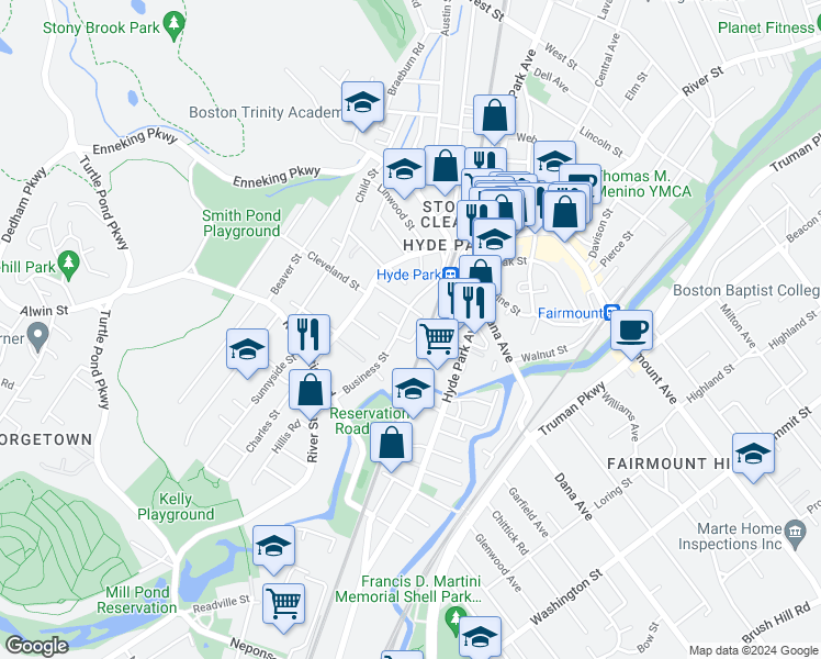 map of restaurants, bars, coffee shops, grocery stores, and more near 27 Business Terrace in Boston