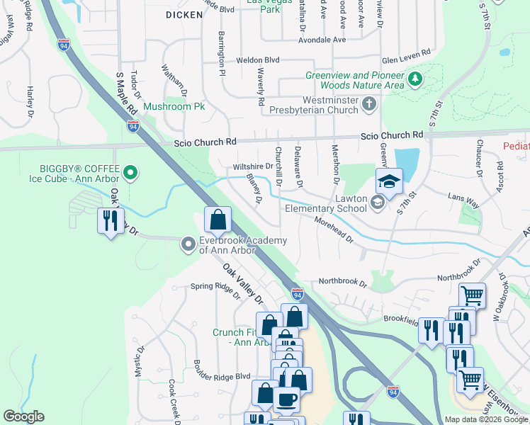 map of restaurants, bars, coffee shops, grocery stores, and more near 2180 Churchill Drive in Ann Arbor