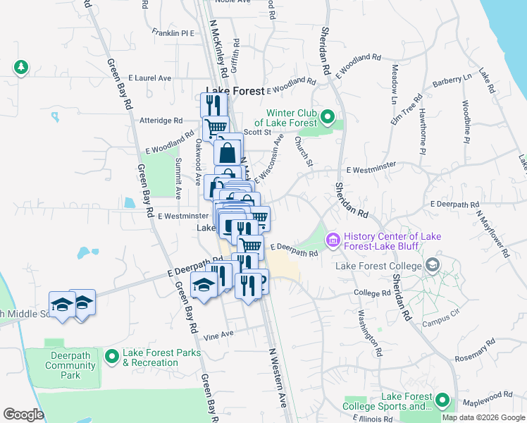 map of restaurants, bars, coffee shops, grocery stores, and more near 351 East Westminster Avenue in Lake Forest