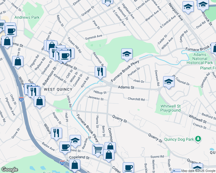 map of restaurants, bars, coffee shops, grocery stores, and more near in Quincy