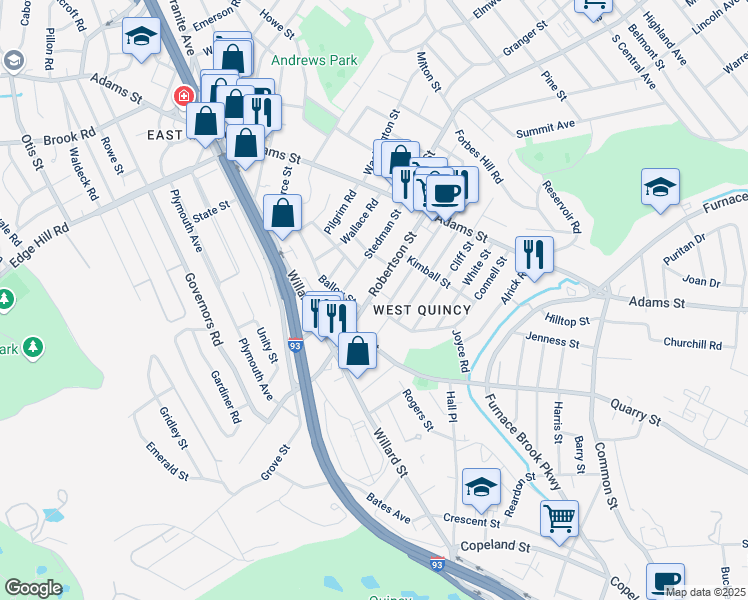 map of restaurants, bars, coffee shops, grocery stores, and more near 99 Robertson Street in Quincy