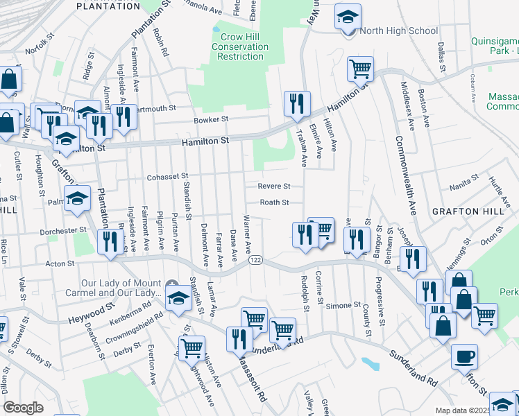 map of restaurants, bars, coffee shops, grocery stores, and more near 9 Roath Street in Worcester