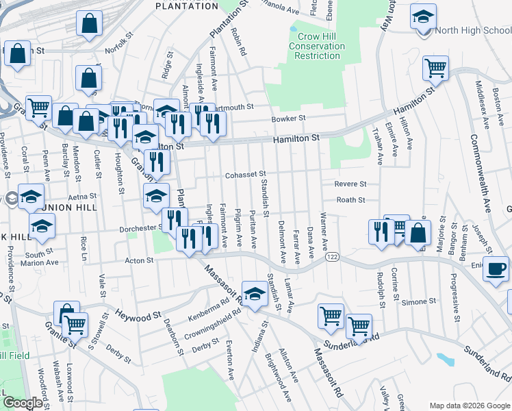 map of restaurants, bars, coffee shops, grocery stores, and more near 33 Standish Street in Worcester
