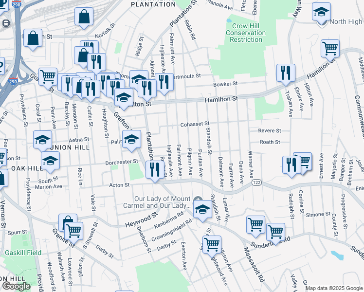 map of restaurants, bars, coffee shops, grocery stores, and more near 184 Fairmont Avenue in Worcester