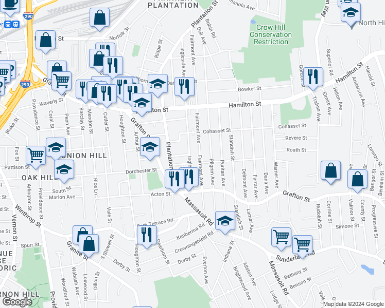 map of restaurants, bars, coffee shops, grocery stores, and more near 184 Fairmont Avenue in Worcester