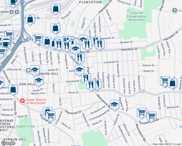 map of restaurants, bars, coffee shops, grocery stores, and more near 7 Village Street in Worcester