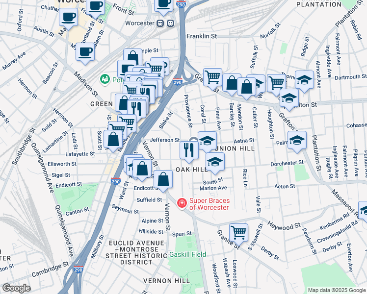 map of restaurants, bars, coffee shops, grocery stores, and more near 74 Providence Street in Worcester