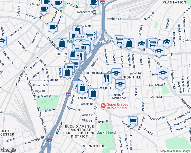 map of restaurants, bars, coffee shops, grocery stores, and more near 24 Jefferson Street in Worcester