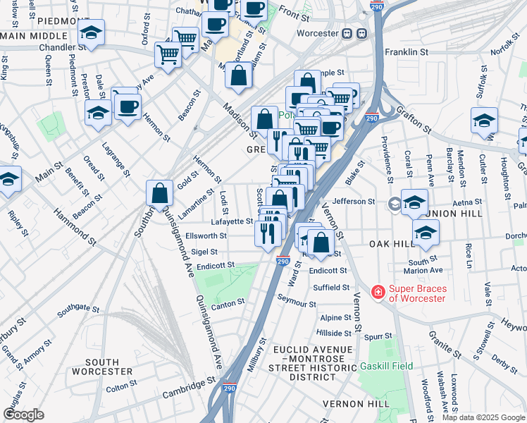 map of restaurants, bars, coffee shops, grocery stores, and more near 14 Scott Street in Worcester