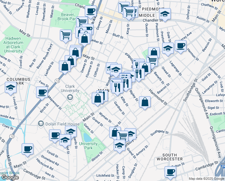 map of restaurants, bars, coffee shops, grocery stores, and more near in Worcester
