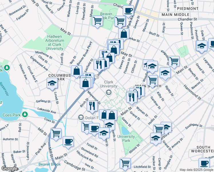 map of restaurants, bars, coffee shops, grocery stores, and more near 74 Downing Street in Worcester