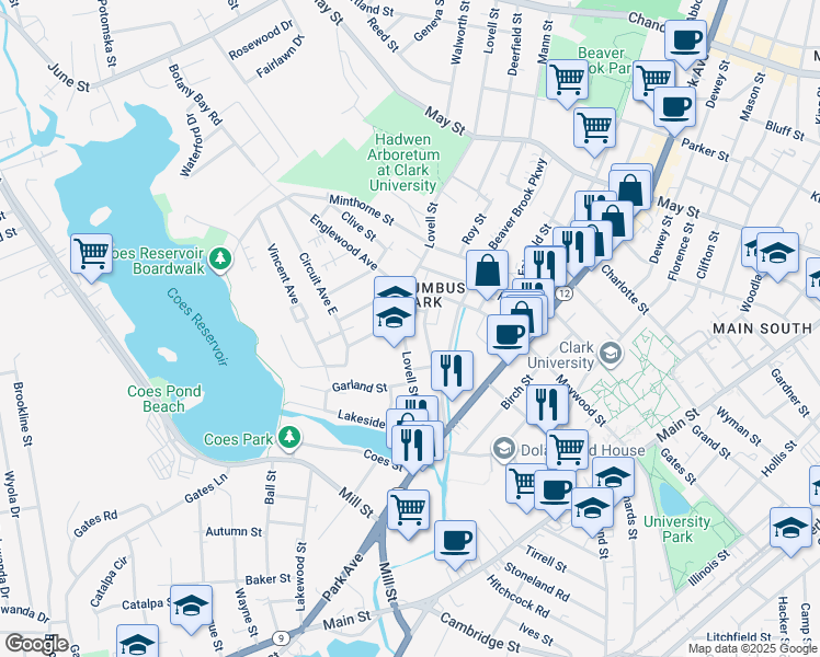 map of restaurants, bars, coffee shops, grocery stores, and more near 5 Becket Street in Worcester