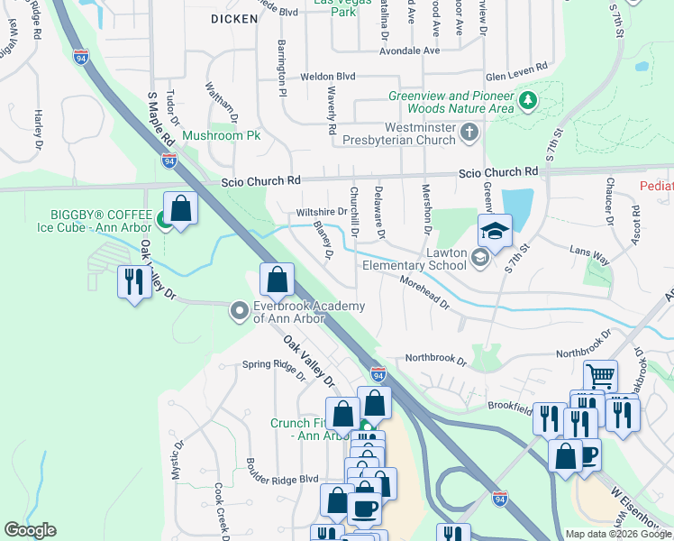 map of restaurants, bars, coffee shops, grocery stores, and more near 2180 Churchill Drive in Ann Arbor