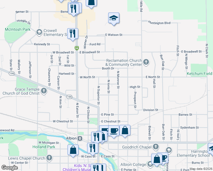 map of restaurants, bars, coffee shops, grocery stores, and more near 915 North Ionia Street in Albion